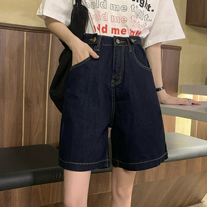 深蓝色高腰阔腿牛仔短裤女夏季胖mm大码显瘦宽松五分裤中裤潮ins