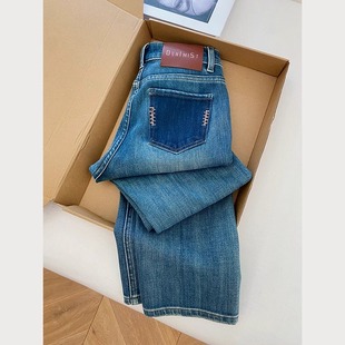 女小个子显瘦修身 蓝色九分复古高腰牛仔裤 小脚直筒裤 烟管窄版 秋季