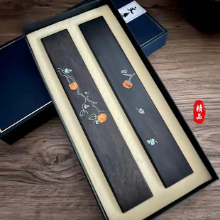 紫光檀螺钿镇尺创意银丝彩贝镶嵌文房四宝黑檀木镇纸高档礼盒装