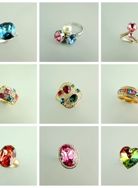 大厂出品施家彩色水钻玻璃水晶水滴桃心夸张女士指环戒指 221106