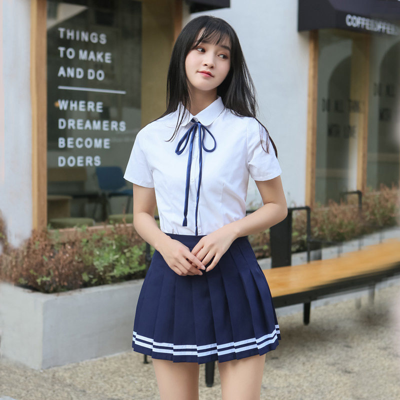 GFRIEND小女友同款纯棉衬衫蓝色条纹夏季百褶裙制服校服套演出服