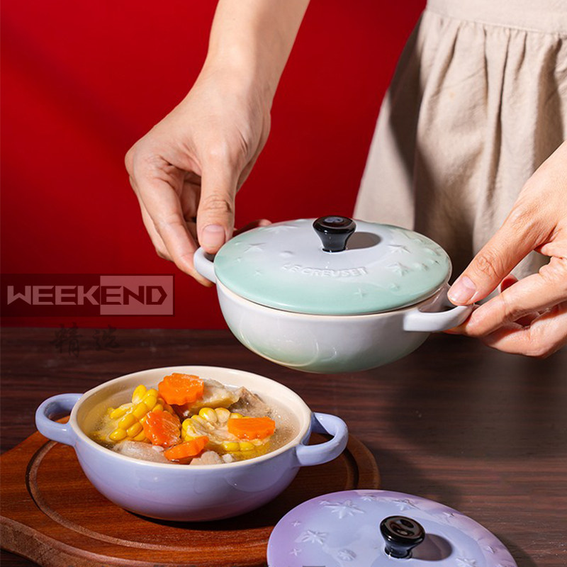 法国酷彩LECREUSET陶瓷炖盅釉下彩烤罐单人份双耳汤盅燕窝隔水炖