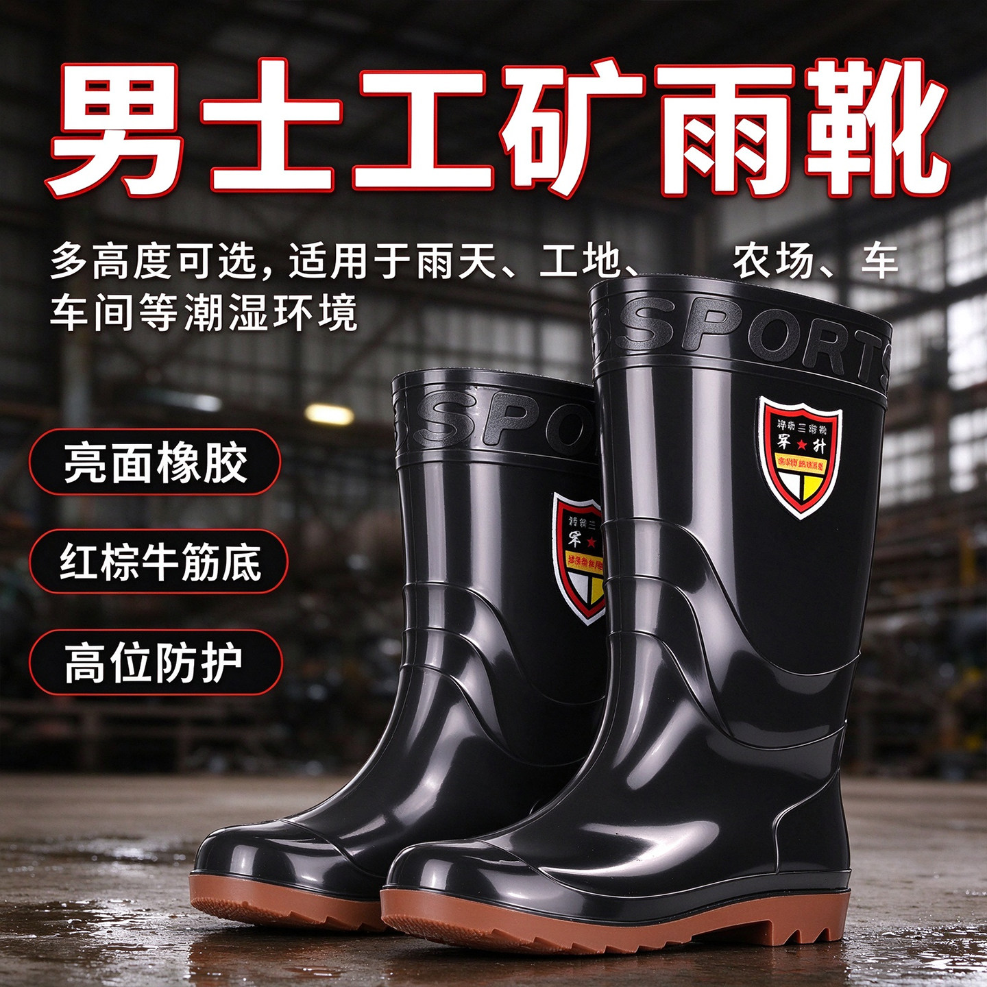 牛筋底男高筒防滑雨鞋