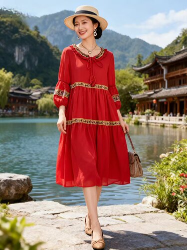 重工民族风刺绣连衣裙女夏度假旅行A版宽松设计感别致红色长裙子