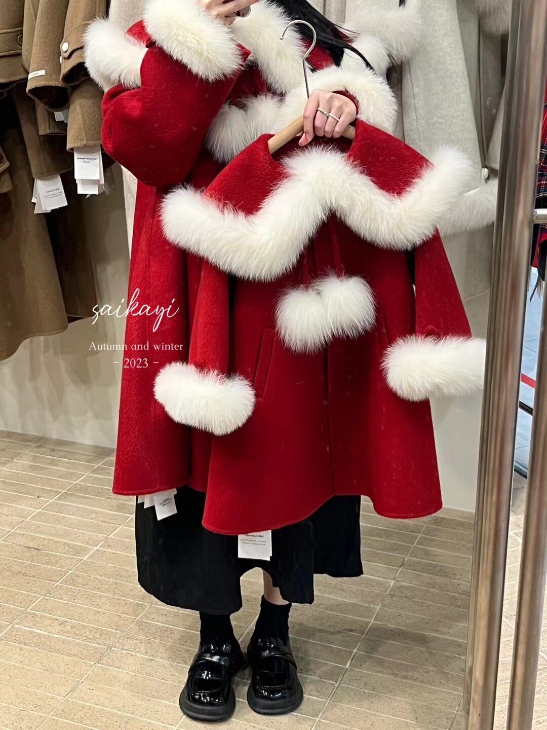 saikayi儿童双面羊绒大衣 狐狸毛亲子款 新年拜年毛呢外套母女装