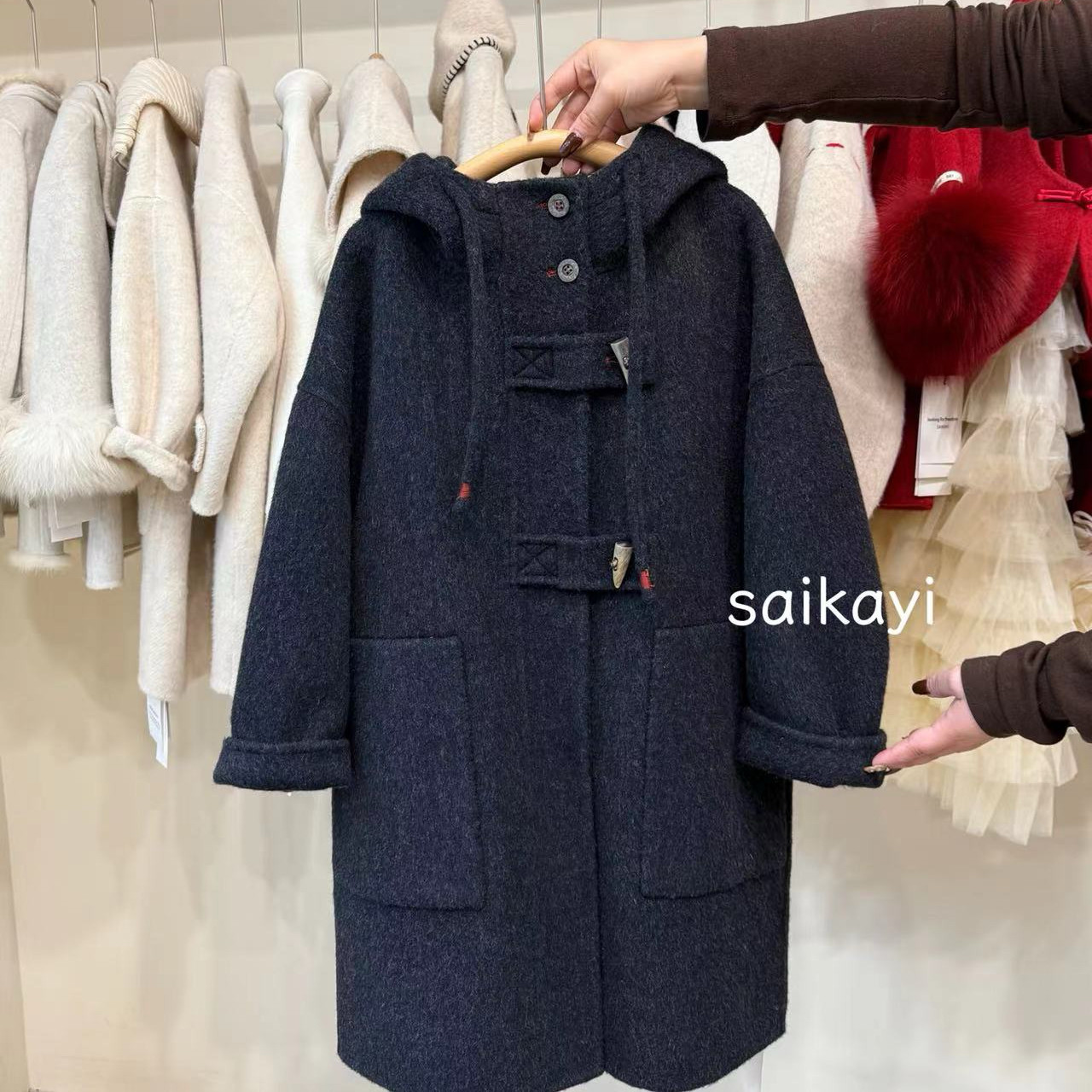 saikayi儿童双面羊绒大衣男女童连帽中长款休闲韩版宽松毛呢外套