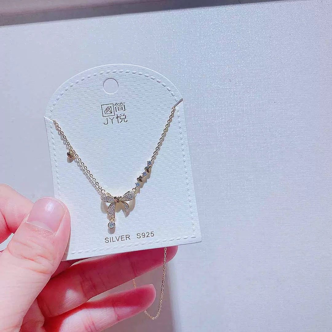 简悦银饰新款轻奢镶钻蝴蝶结通体纯银项链时尚精致甜美气质锁骨链