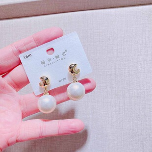 丽银饰品新款法式小香风16mm珍珠耳环银针时尚精致高级感气质耳钉