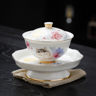 德化描金白瓷三才盖碗壶承羊脂玉瓷功夫茶具薄胎泡茶碗敬茶器批发