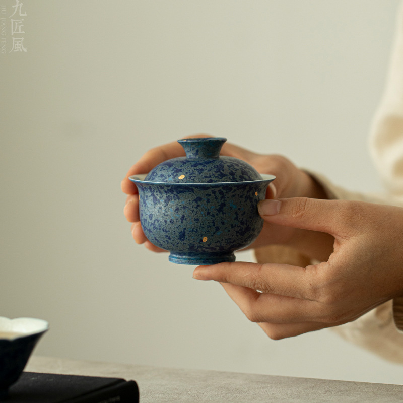 手绘蓝蝶盖碗洒金釉下彩单个泡茶器家用高档功夫茶具陶瓷敬茶碗