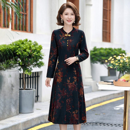 新中式长袖连衣裙中老年女装秋款