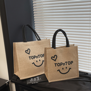 亚麻包女拉链手提包外出大容量麻布手提袋时尚百搭简约休闲妈咪包