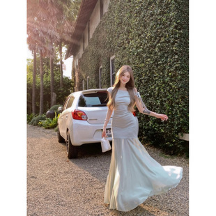 小个子薄纱鱼尾包臀长裙 2026新款 法式 露肩斜肩绿色连衣裙子女夏季