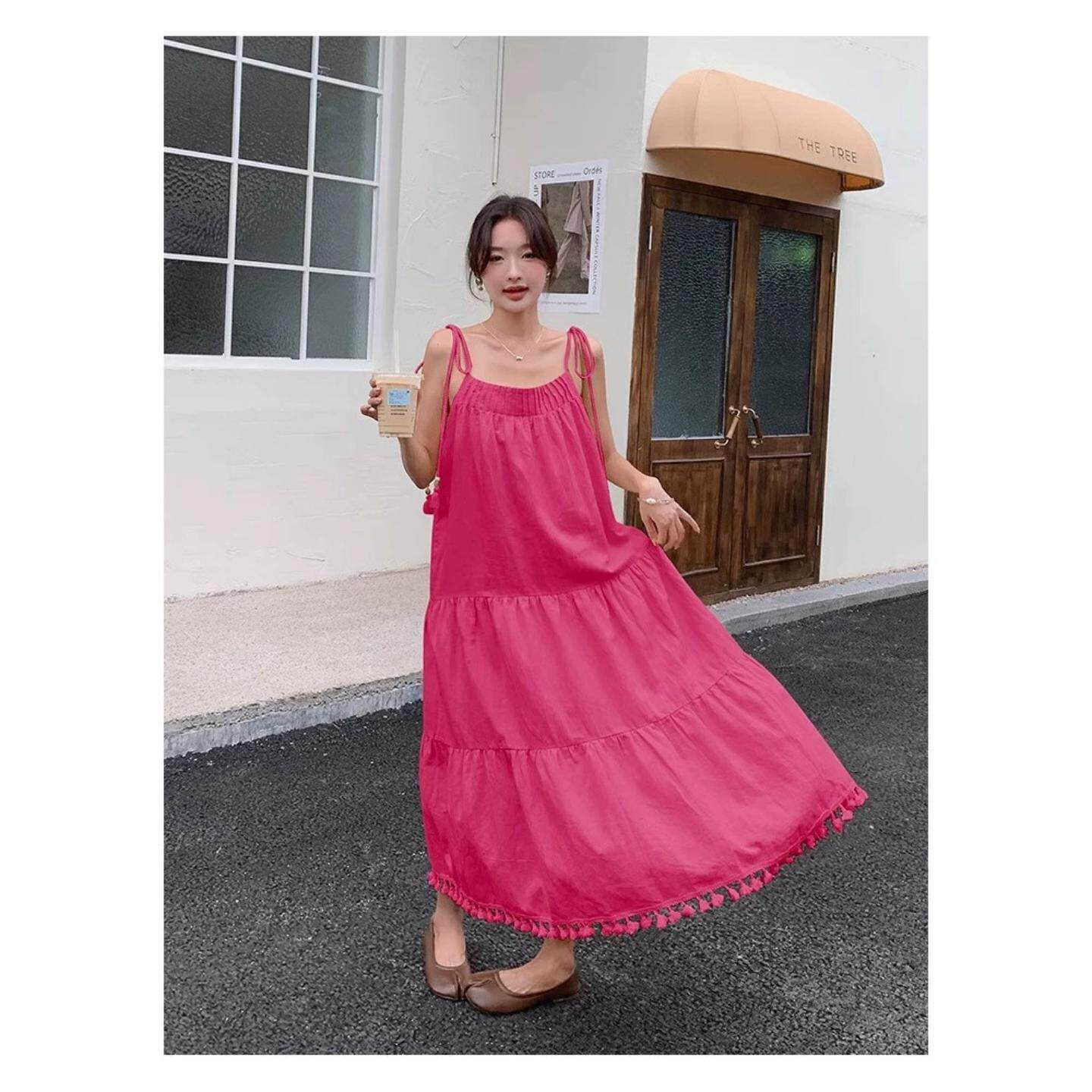 夏季新款女装火龙果色度假风流苏