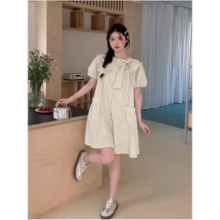 2025新款 甜美减龄娃娃领裙子 夏季 小清新条纹蝴蝶结连衣裙女法式