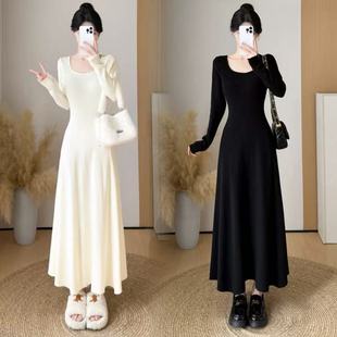 赫本风杏色收腰显瘦高腰针织连衣裙2025秋冬新款 气质打底内搭长裙