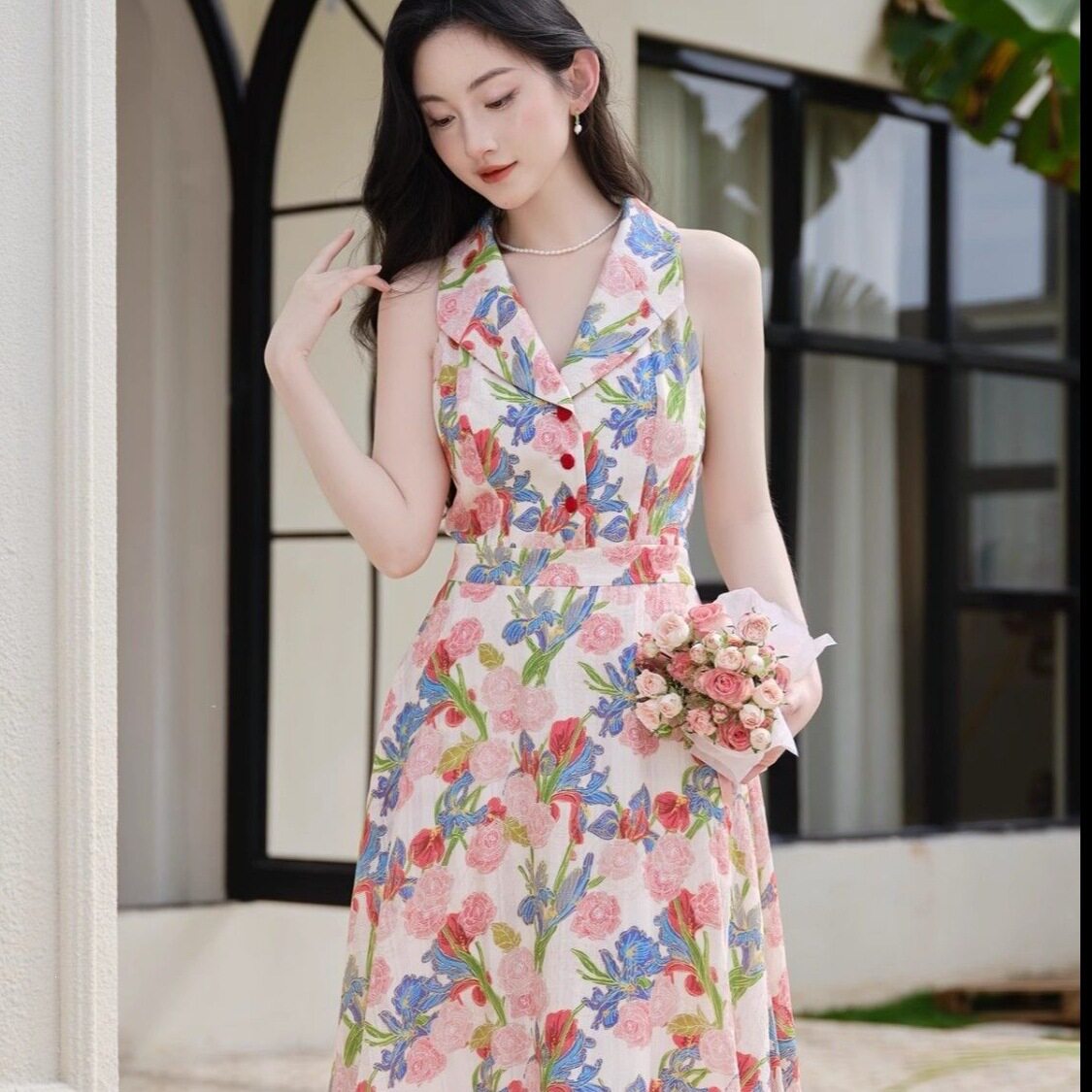 夏季法式优雅红碎花大摆衬衫裙