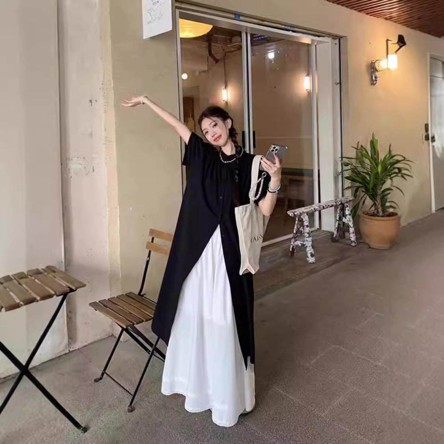禅意复古山本风休闲时尚套装女夏季微胖穿搭高级感衬衫叠穿两件套