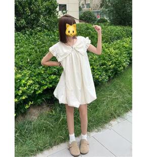 甜美蓬蓬花苞连衣裙夏小个子袖结斗篷乖巧公主裙娃娃领宽松