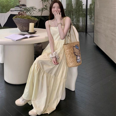 温柔风森系超仙女黄色吊带连衣裙