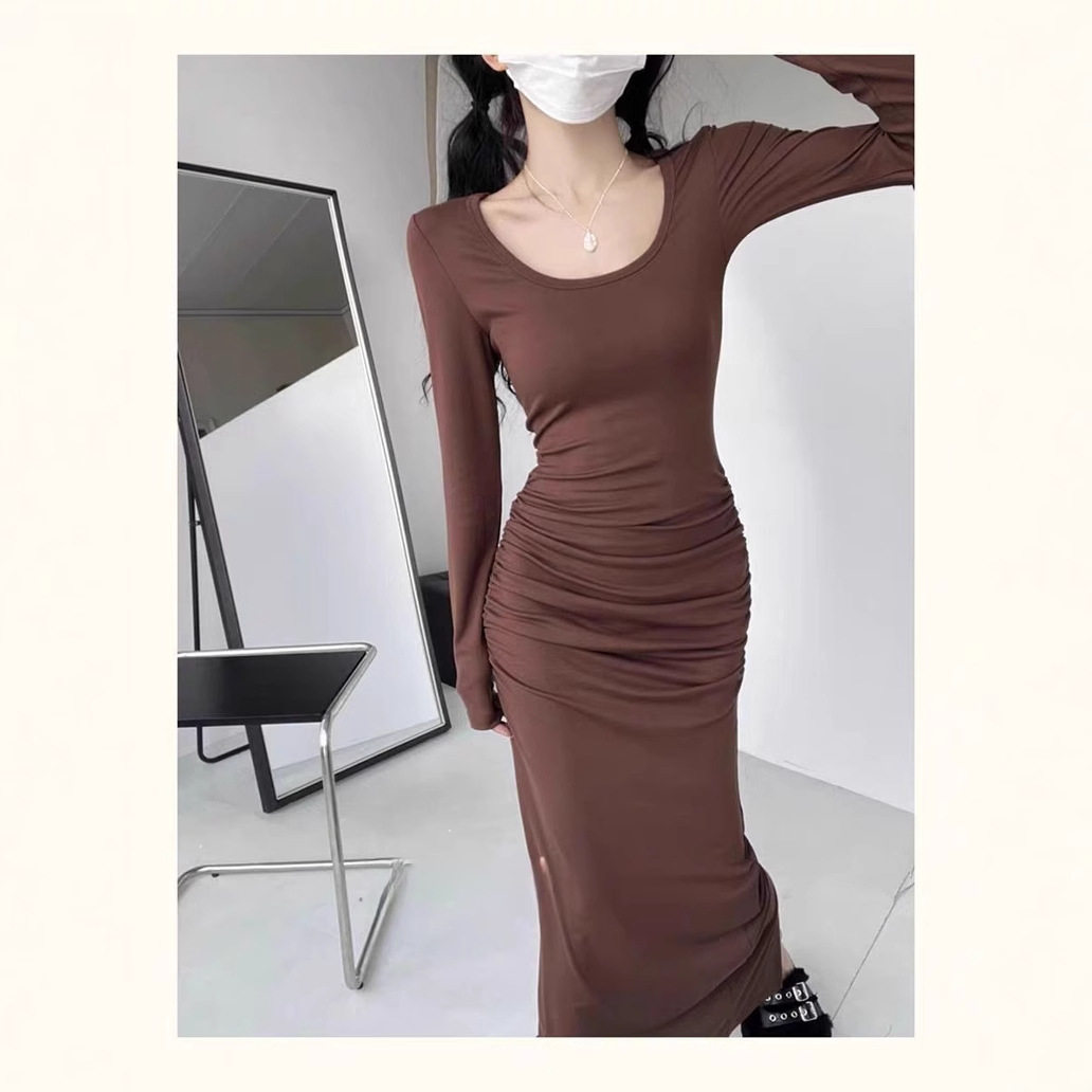 性感辣妹U领褶皱后开叉连衣裙女春秋打底内搭收腰显瘦包臀长裙子,运动/瑜伽/健身/球迷用品,广场舞连衣裙,淘宝优惠券,粉丝福利购,淘宝优惠卷