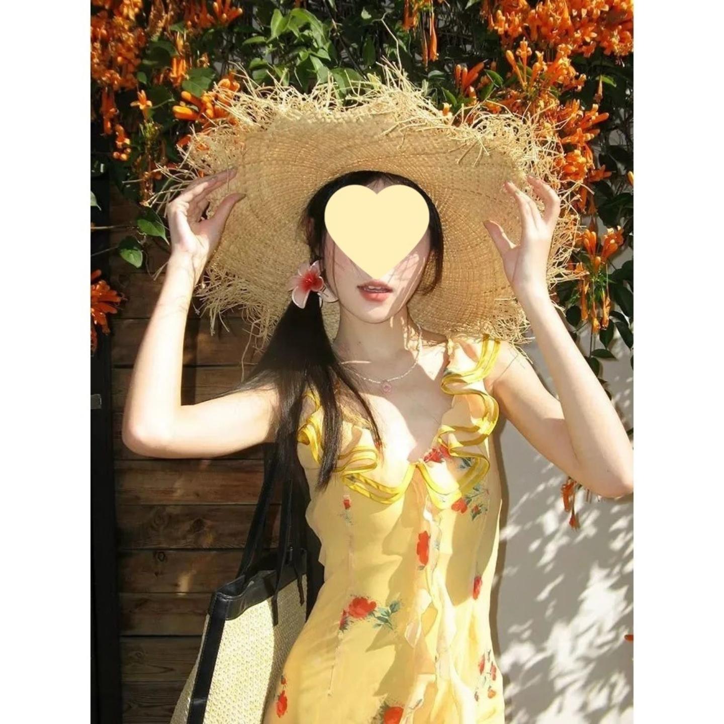 黄色荷叶边碎花吊带连衣裙女夏