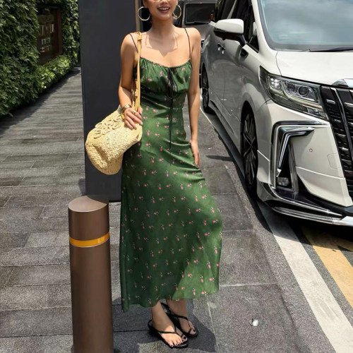 重磅真丝裙绿色碎花桑蚕丝连衣裙