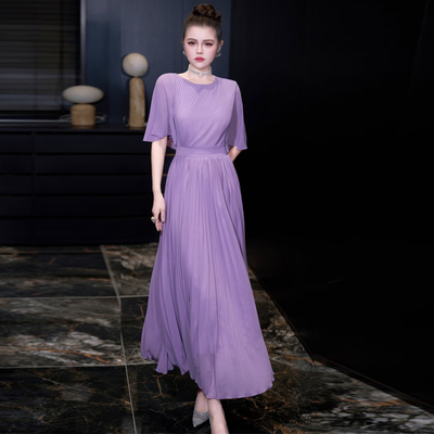 优雅高端雪纺百褶长裙收腰连衣裙