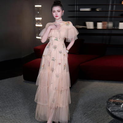 高级感网纱绣花长裙蛋糕连衣裙女