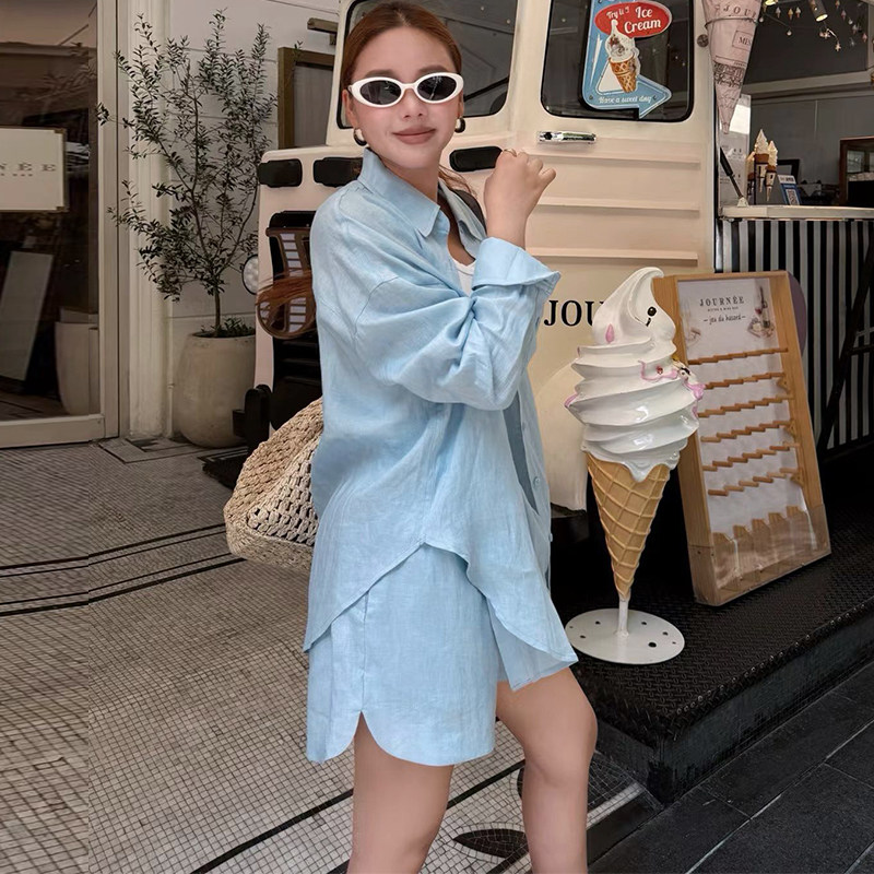 高端亚麻休闲衬衫两件短裤套装女