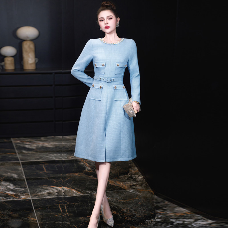 优雅气质2026春秋季新款高端小香风女装法式修身粗花呢长袖连衣裙