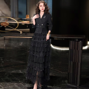 欧货女装2026春季新款高级感黑色西装拼接网纱长裙气质显瘦连衣裙