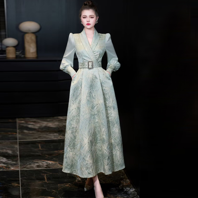 高端宴会礼服提花长裙大摆连衣裙