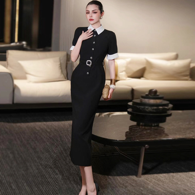 高端名媛职业修身小翻领连衣裙新