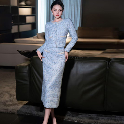 高端粗花呢外套两件半裙套装新款