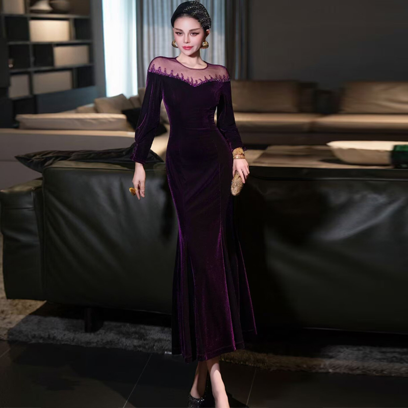 高端轻奢礼服长裙丝绒鱼尾连衣裙