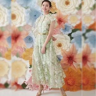新款 明星同款 雪纺绿色碎花连衣裙女 时尚 高级感印花长裙2022年夏季