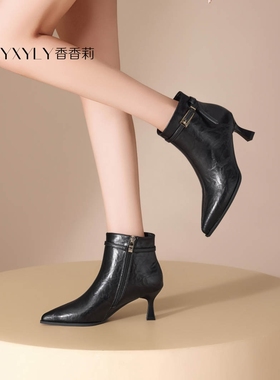 香香莉女鞋2025冬季新款32250粗跟中跟短靴女靴子侧拉链时装靴