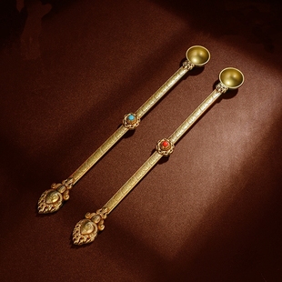 慧宝纯铜勺子镶嵌彩珠酥油灯勺摩尼宝纹精品铜勺长23cm