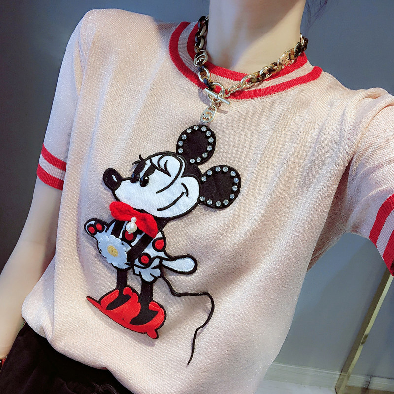 ONLY YOU2020夏装新款可爱卡通钉钻宽松短袖金葱针织T恤上衣女薄