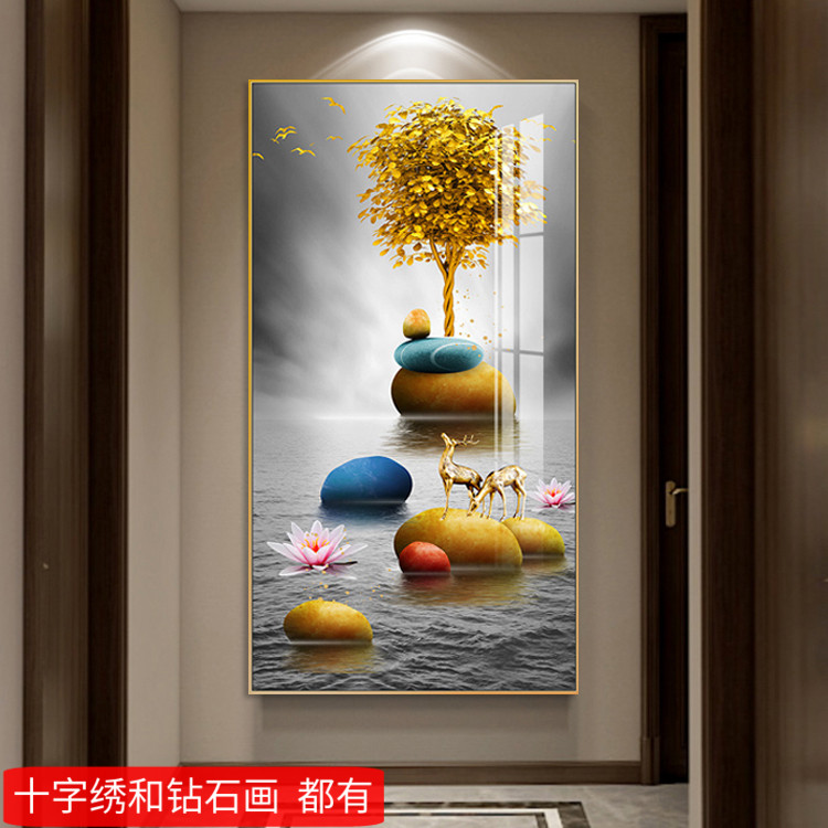 5d石来运转钻石绣2025新款满钻发财树竖款风景玄关贴钻十字绣麋鹿