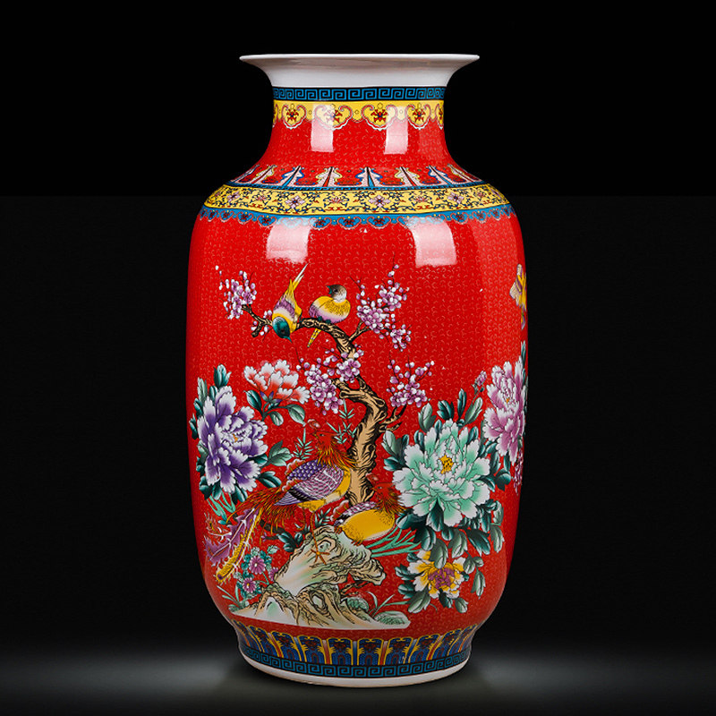 景德镇陶瓷器中国红大花瓶插花器家居客厅装饰品摆件酒店结婚喜庆