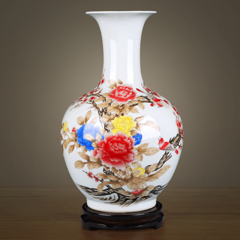景德镇陶瓷器花瓶摆件客厅插花粉彩花鸟现代中式家居装饰工艺品