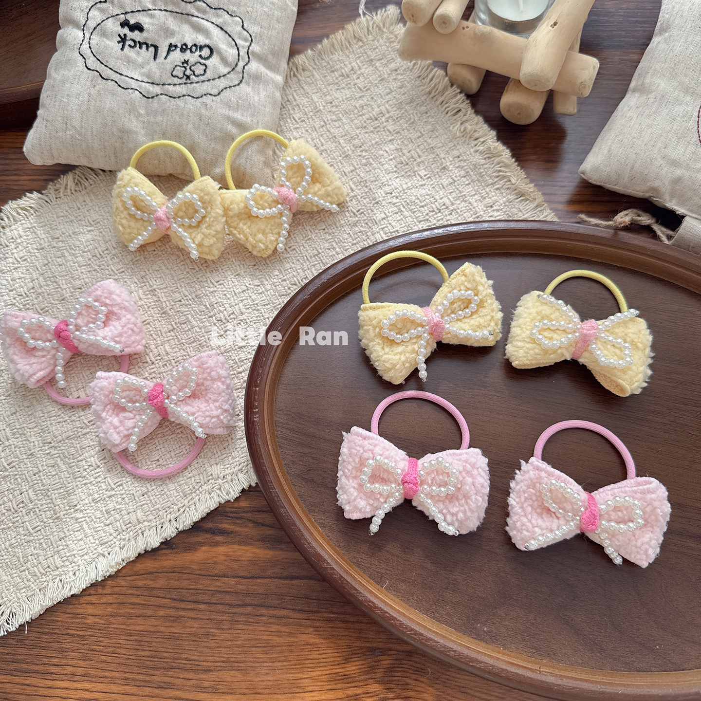 Little Ran 蝴蝶结发饰女童珍珠发圈头绳可爱甜美宝宝头饰