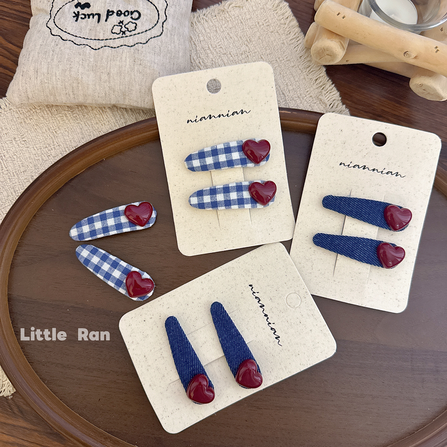 Little Ran韩版格子爱心发夹女复古刘海夹侧边碎发夹蓝色爱心发饰