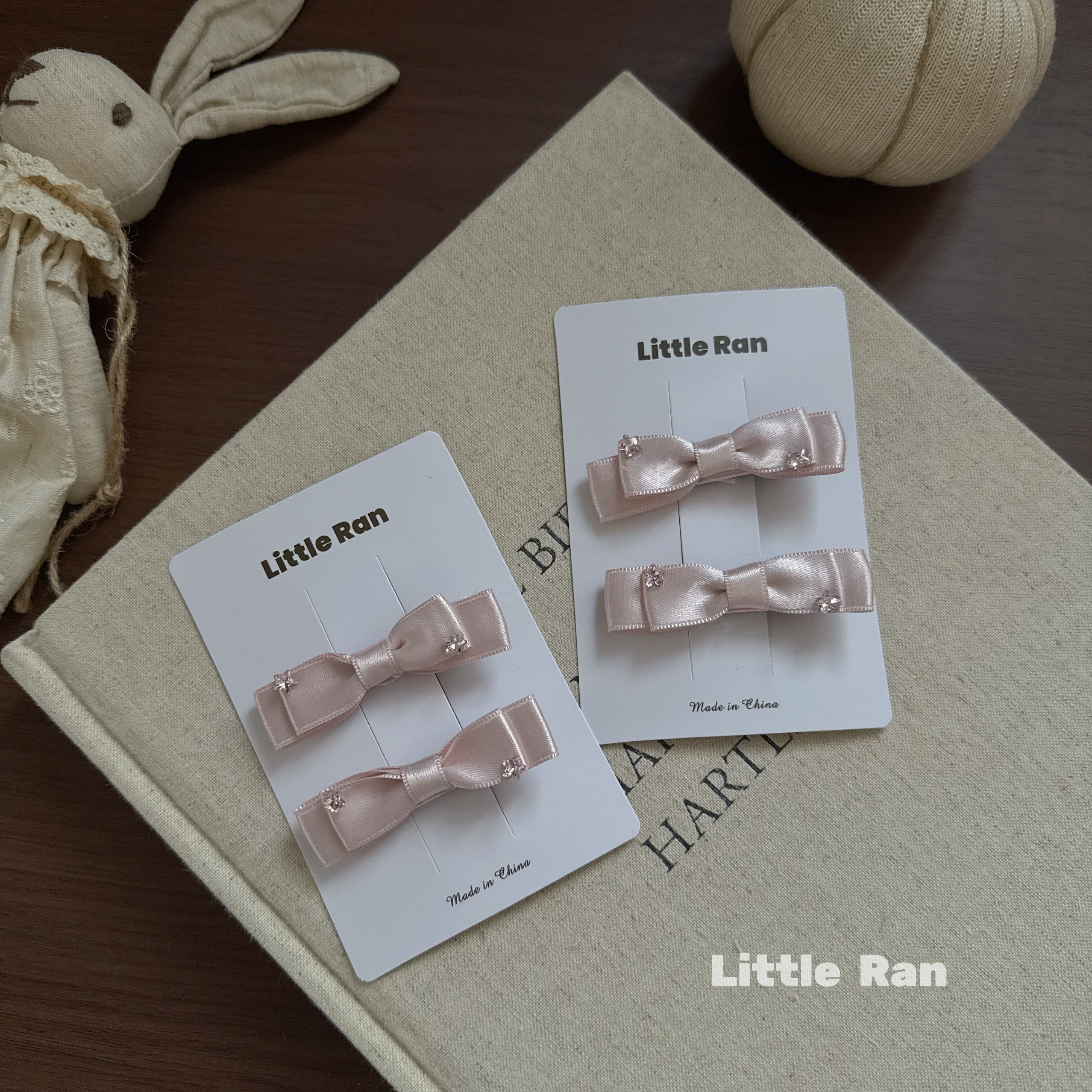 little Ran日系粉色缎带蝴蝶结发夹女童可爱水钻发饰头饰