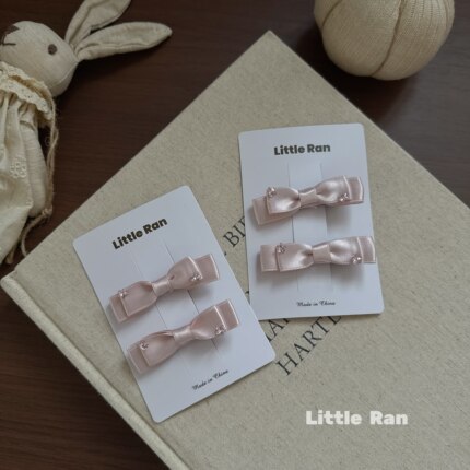 little Ran日系粉色缎带蝴蝶结发夹女童可爱水钻发饰头饰
