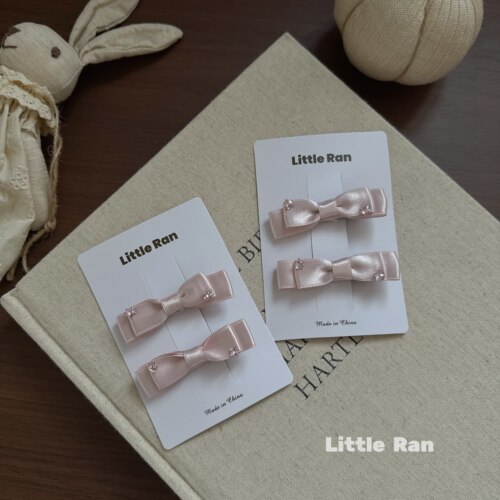 little Ran日系粉色缎带蝴蝶结发夹女童可爱水钻发饰头饰
