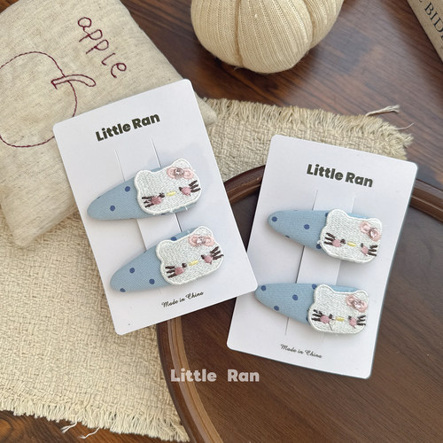 Little Ran 可爱卡通猫咪发夹女童蓝色波点刘海夹百搭少女心发饰