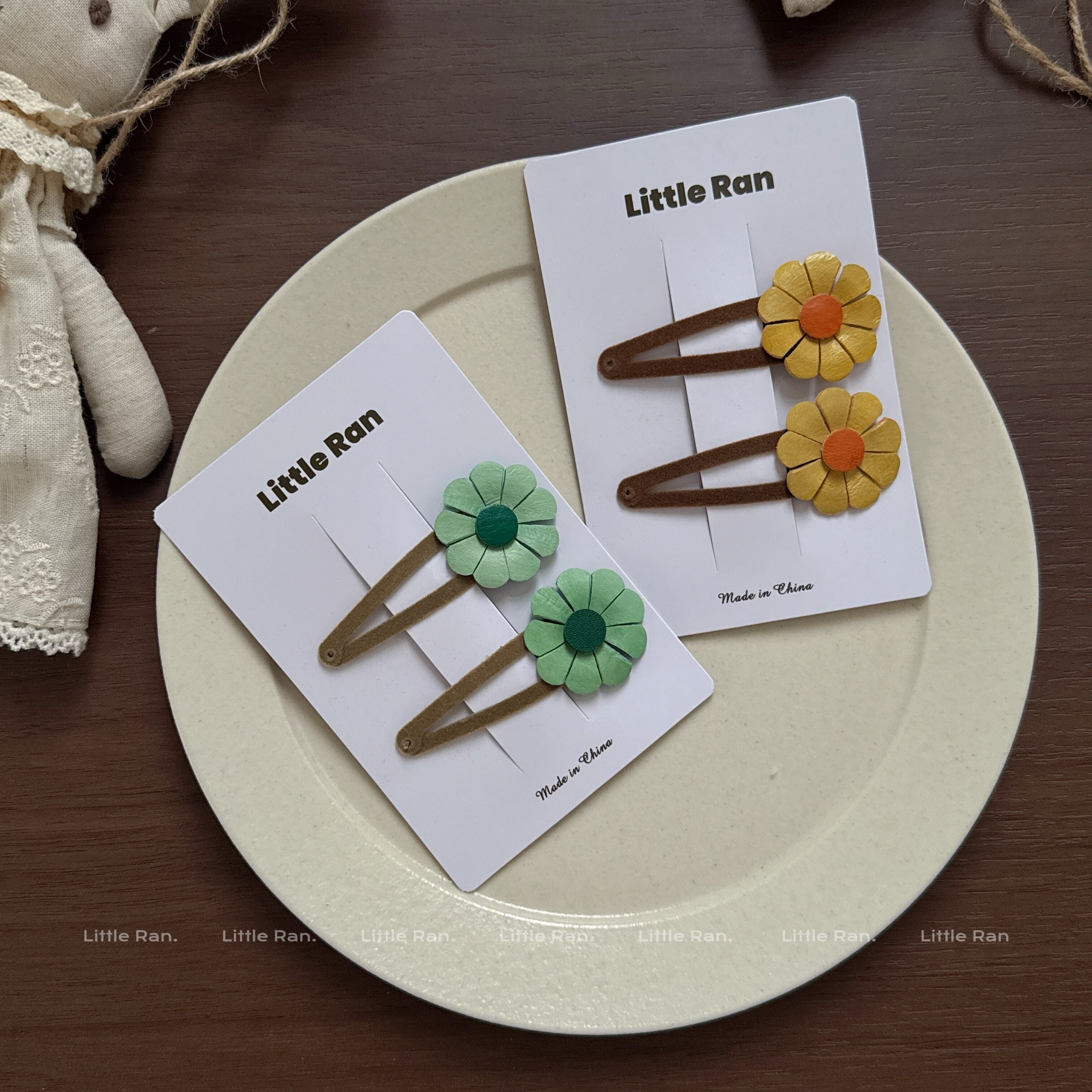 Little Ran小众真皮小雏菊发夹女童头饰甜美花朵发卡儿童发夹边夹